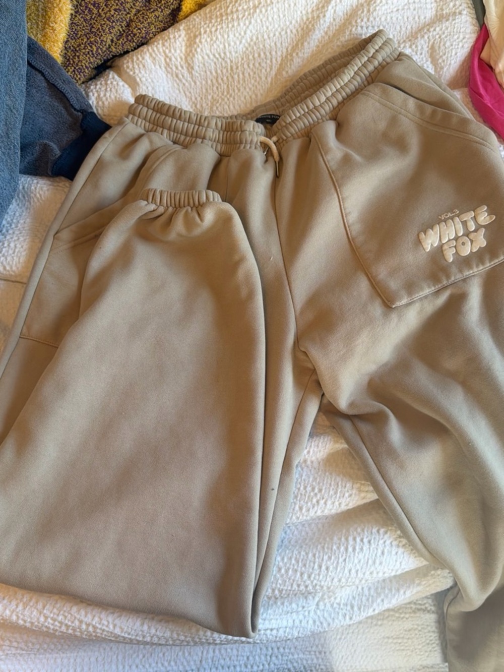 White Fox Boutique Beige Track Pants with Logo Patch